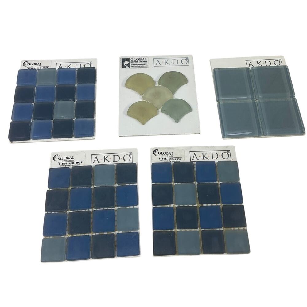 Lot of 5 AKDO 7/8" 2" Caspian Blue Frosted Glass Tile Sample Cards Craft Supply